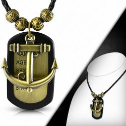 Alliage de mode 2-ton marin ancre marin nom tag charm charm Bali perles Vintage collier en cuir tressé noir