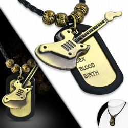 Alliage de mode 2 tons guitare électrique Instrument de musique Nom Tag Charm Bali Perles Collier en cuir tressé noir noir