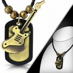 Alliage de mode 2 tons guitare électrique Instrument de musique Nom Tag Charm Bali Perles Collier en cuir tressé noir noir