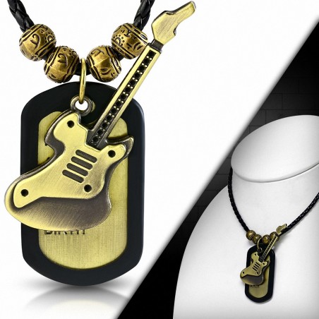 Alliage de mode 2 tons guitare électrique Instrument de musique Nom Tag Charm Bali Perles Collier en cuir tressé noir noir