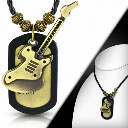 Alliage de mode 2 tons guitare électrique Instrument de musique Nom Tag Charm Bali perles Vintage noir collier en cuir tressé