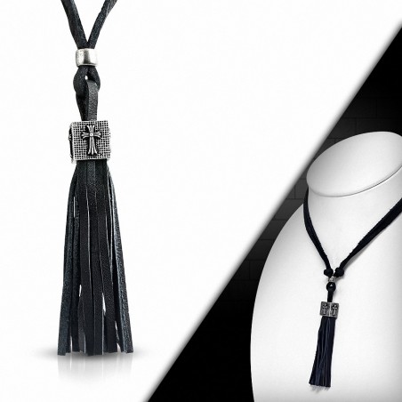 Collier de motard en cuir noir ajustable avec breloque en forme de cube en croix en alliage à la mode Fleur De Lis