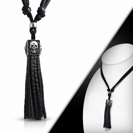 Collier de motard en cuir noir ajustable avec breloques fantaisie 2 tons en alliage de mode