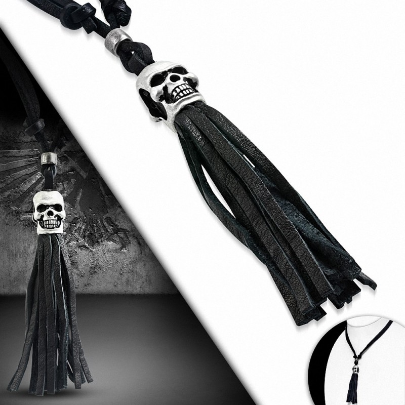 Collier de motard en cuir noir ajustable avec charm en forme de tête de mort en forme de tête de mort en alliage