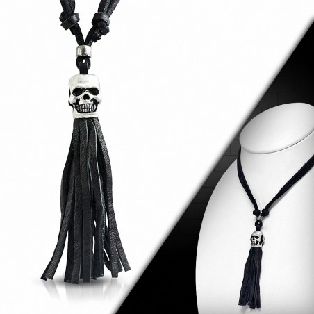 Collier de motard en cuir noir ajustable avec charm en forme de tête de mort en forme de tête de mort en alliage