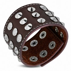 Bracelet en cuir brun véritable avec boutons-pression - Pyramide ronde