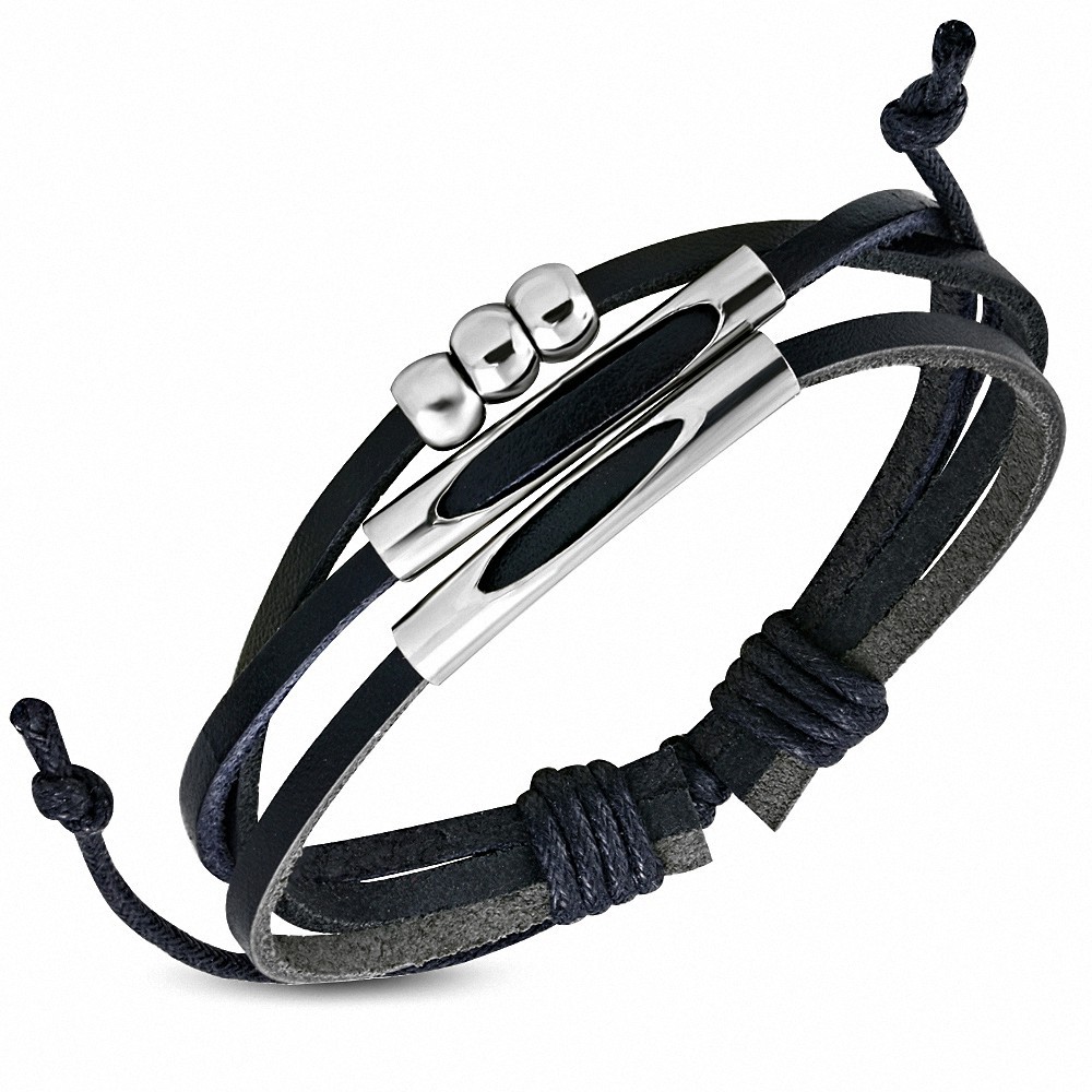 Bracelet ajustable en cuir noir avec cordon de banderole à perles fantaisie