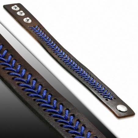 Bracelet pression en cuir marron bleu marine avec armure de corde