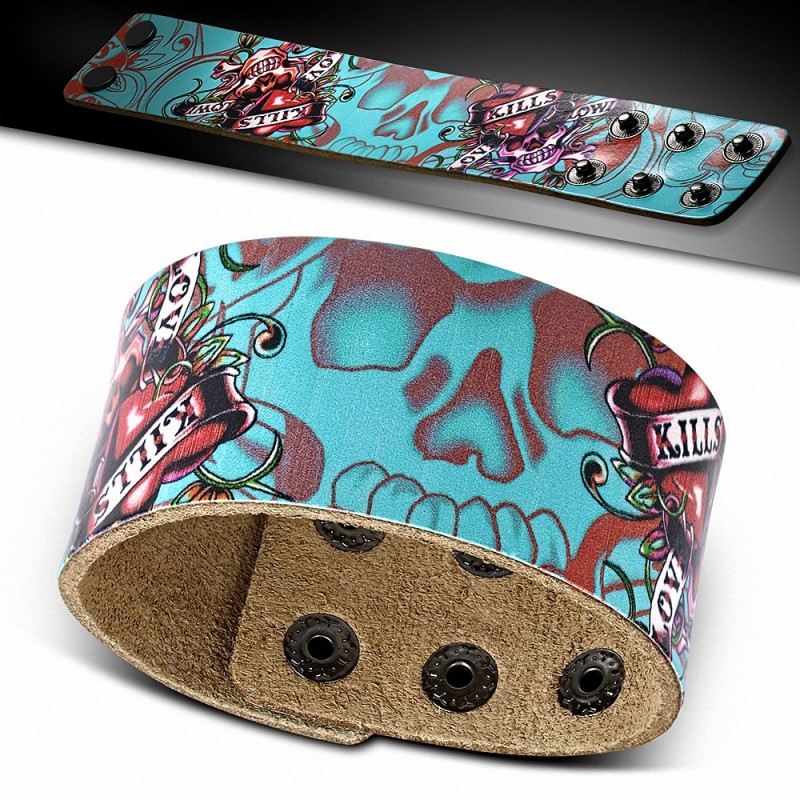 Bracelet en cuir à la mode Snap Biker  Skull Kills Love lentement Peinture Design - BHY044