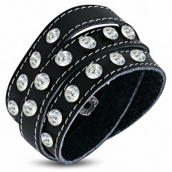 Bracelet à pression triple en cuir noir avec zircon clair