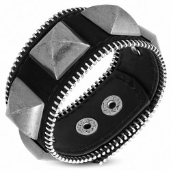 Bracelet en cuir véritable zippé à boutons-pression style zippé en cuir noir