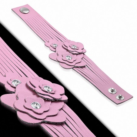 Bracelet en cuir avec boutons de cristal étoiles en cuir rose et cristal accentué avec boucle de compensation