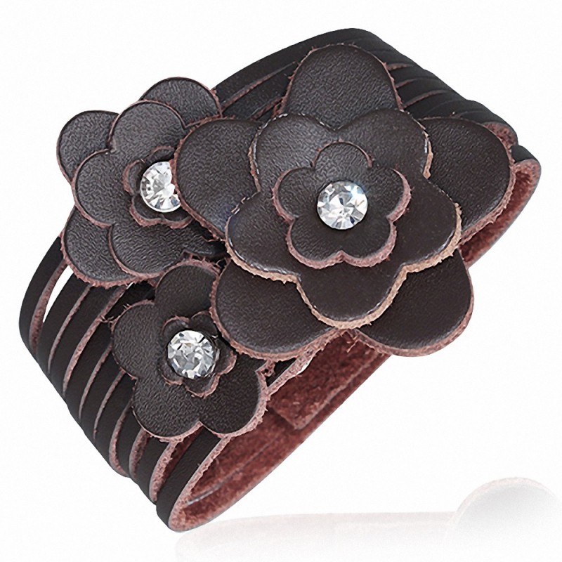 Bracelet en cuir véritable marron avec boutons en cristal et boutons fleuris étoiles transparentes