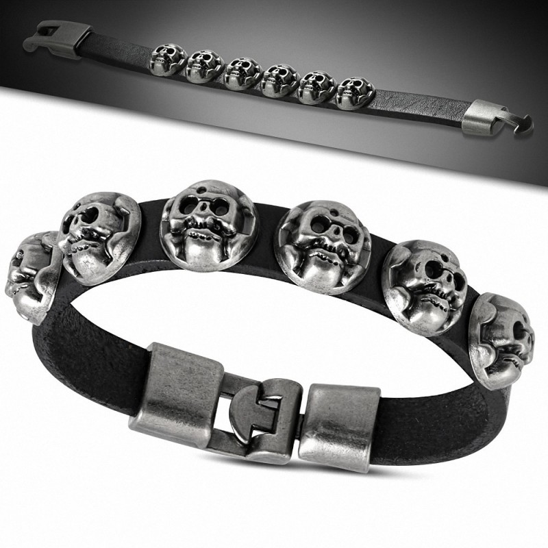 Bracelet motard à bascule en cuir véritable noir avec crâne