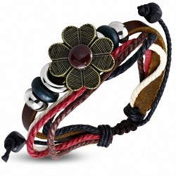 Bracelet ajustable en cuir marron avec boucle de coeur en forme de perle d'amour en forme de coeur et de fleurs