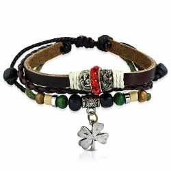 Bracelet triple en cuir tressé avec perles fantaisie multicolore tressée cuir marron réglable rouge clair