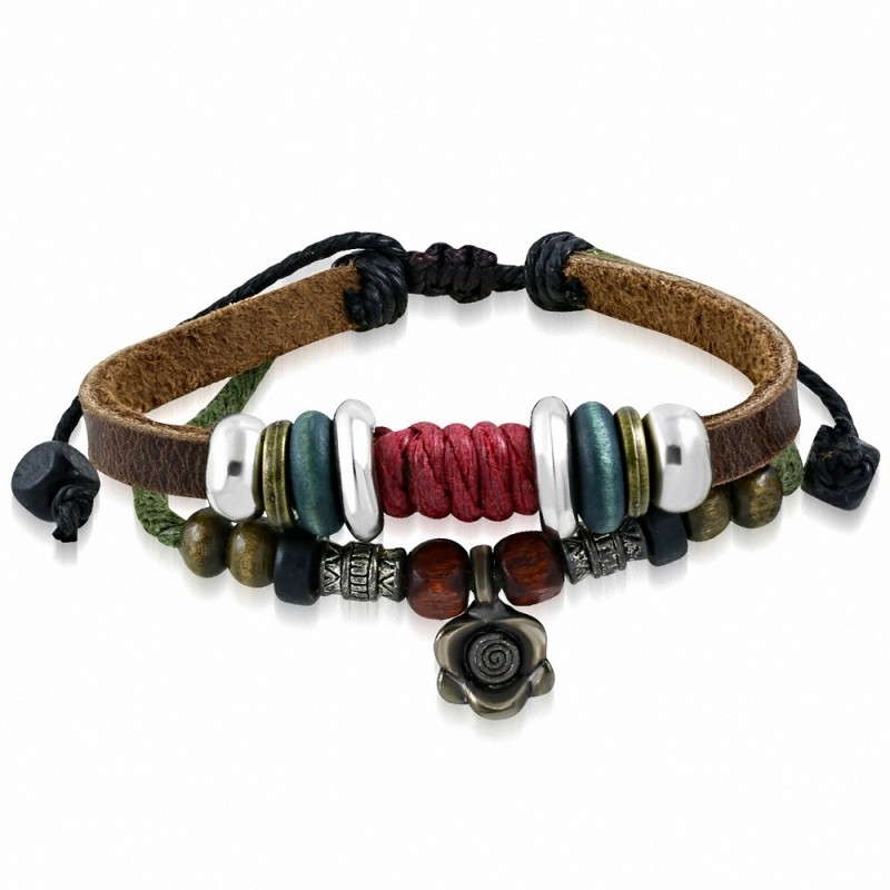 Bracelet en cuir marron avec breloque perle en bois de Bali avec perle en bois à la mode