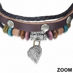 Bracelet en cuir marron réglable avec breloque en feuille de perle d'automne en forme de corde de bracelet en cuir marron
