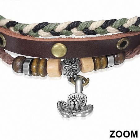 Bracelet en cuir marron ajustable avec bretelles fantaisie tressé en forme de corde triple multi avec ganse