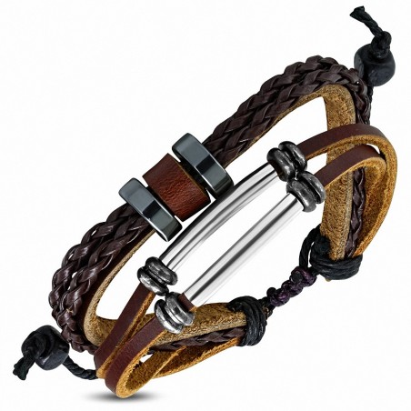 Bracelet en cuir marron réglable avec triple anneau torsadé à la mode - Tube tressé