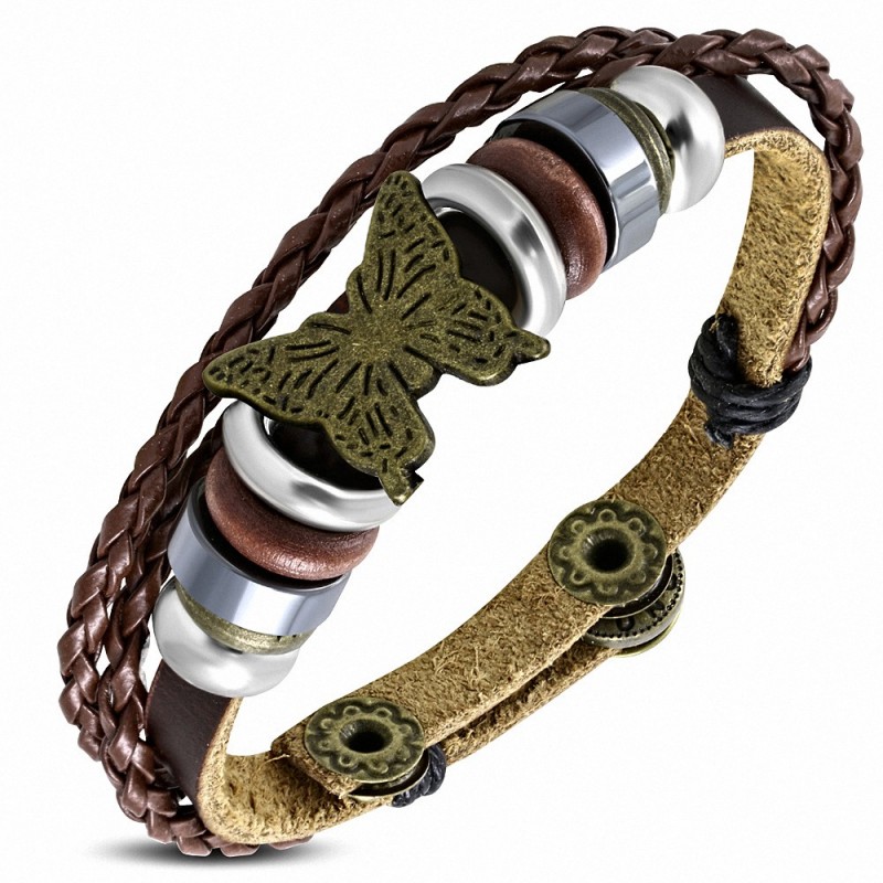 Bracelet en cuir tressé avec clous de papillon tressé et cordon fantaisie triple