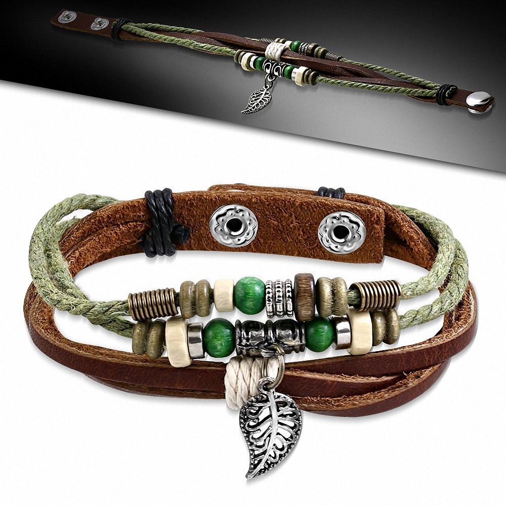 Bracelet en cuir avec fermeture à glissière en forme de feuille triple en vrac