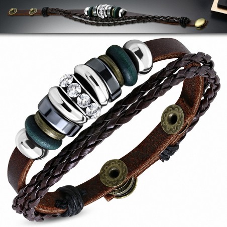 Bracelet triple en cuir tressé avec boucle à la mode et bracelet fantaisie en cuir marron clair avec CZ