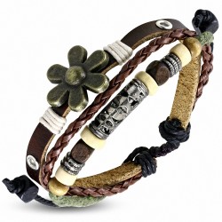Bracelet en cuir marron réglable avec goupille de fleur tressée en triple corde à la mode