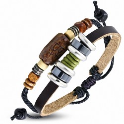 Bracelet en cuir marron réglable à double rangée de perles de bois et de corde