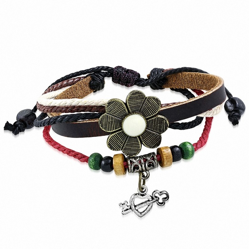 Bracelet multi-usage en cuir de Bali avec perle en bois et fleur avec clous réglable en cuir marron