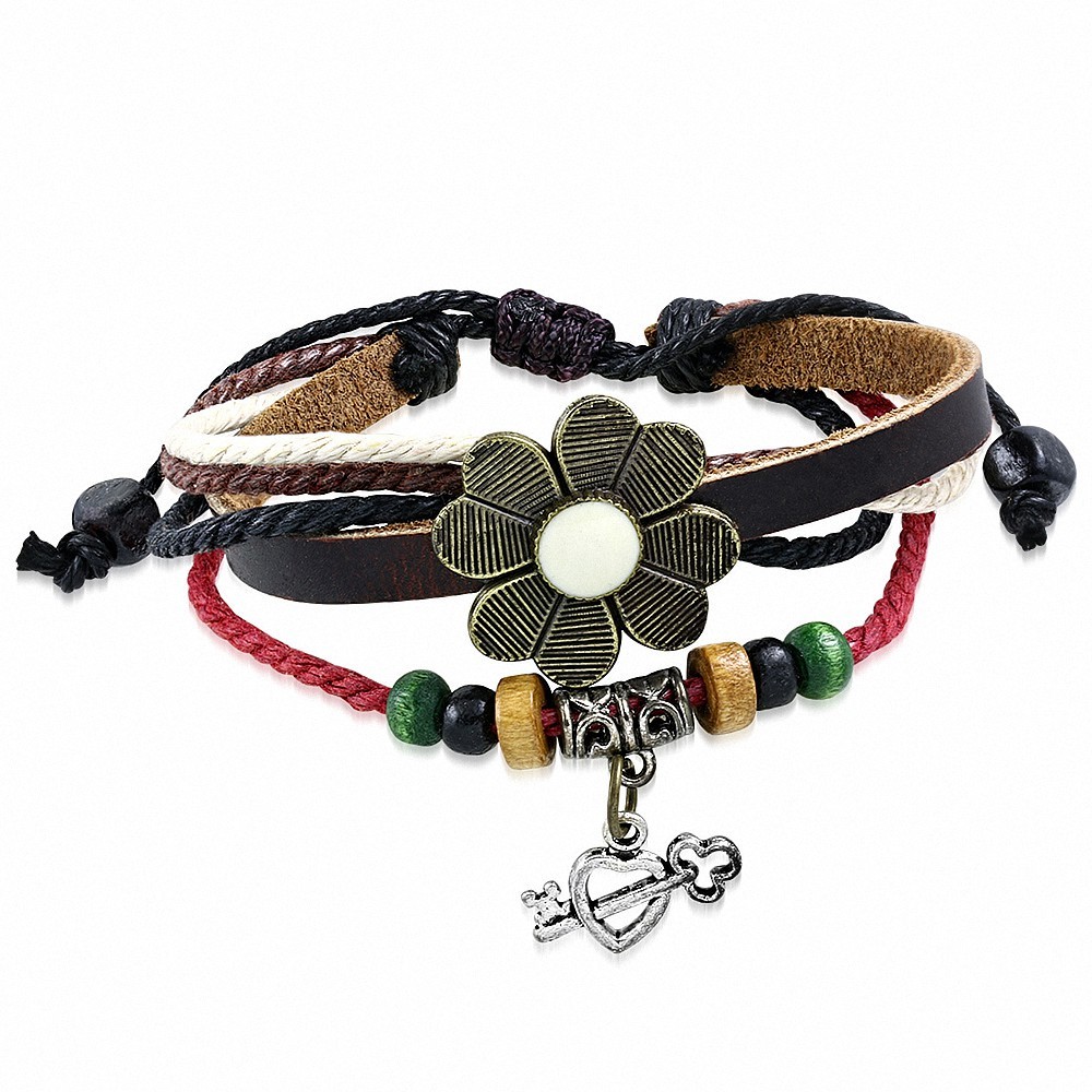 Bracelet multi-usage en cuir de Bali avec perle en bois et fleur avec clous réglable en cuir marron
