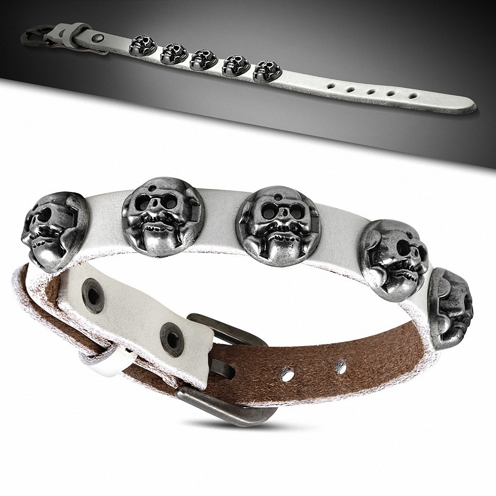 Bracelet motard en cuir véritable cercle blanc tête de mort avec boucle de ceinture