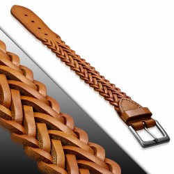 Bracelet avec boucle de ceinture en cuir tressé marron véritable