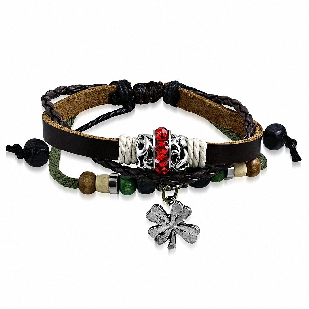 Bracelet en cuir avec breloque fantaisie en forme de fleur de perle de shamrock en bois de Bali réglable rouge clair