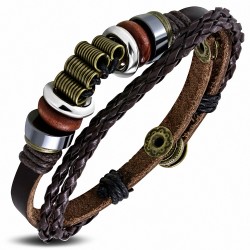 Tendance Triple Wrap Tressé Bali Tube Tube En Bois Snap Bracelet En Cuir Marron