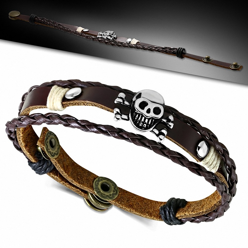 Bracelet en cuir avec boucle en cuir tressé pirate de crâne de pirate à boucle triple