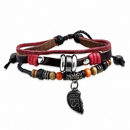 Bracelet en cuir de style Triple Wrap Bali Tube Perle Apart Coeur Charm Bracelet en cuir réglable