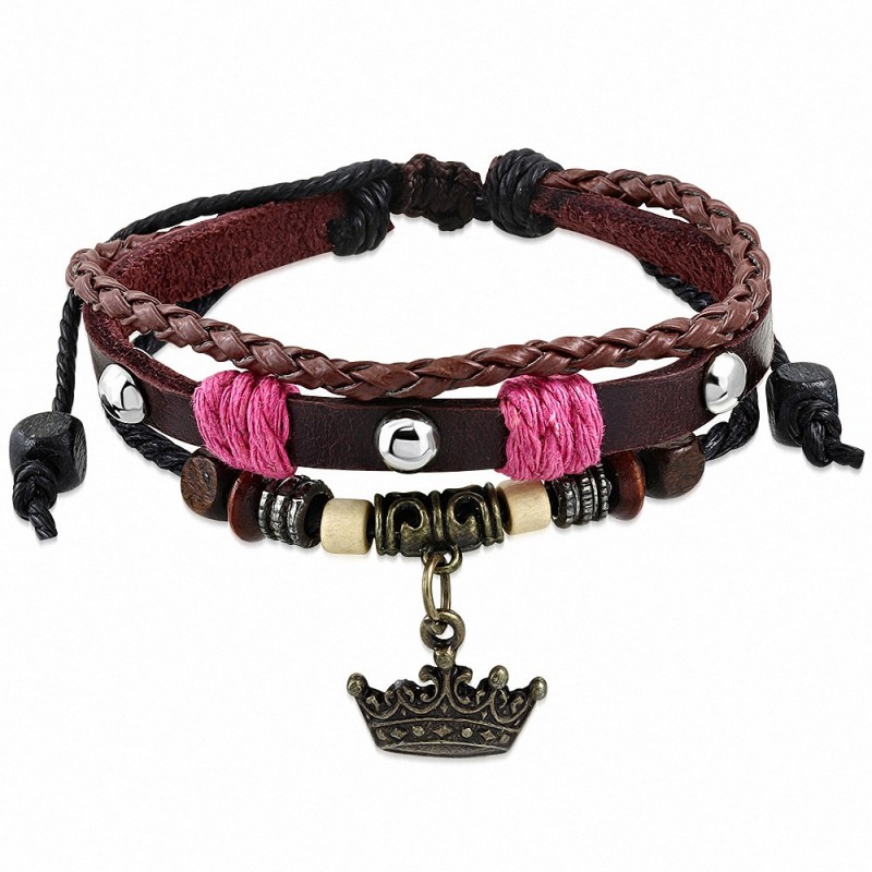 Bracelet Triple en Cuir Tendance Triple Wrap Tressé Perle de Bali Princesse Royale Bracelet en Cuir Marron Réglable