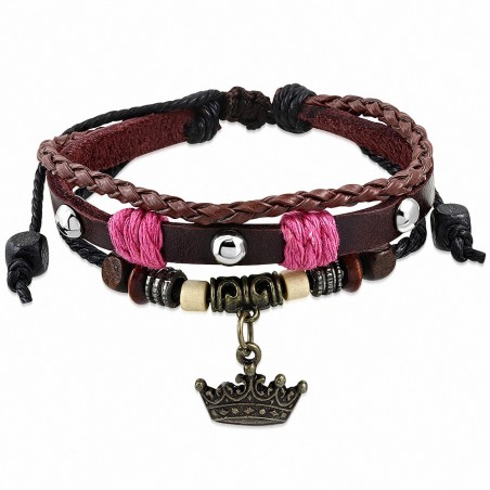 Bracelet Triple en Cuir Tendance Triple Wrap Tressé Perle de Bali Princesse Royale Bracelet en Cuir Marron Réglable