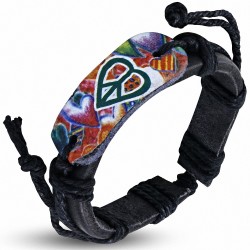 Bracelet ajustable en cuir noir avec motif de paix coloré Signe d'amour pour le coeur