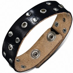 Bracelet à boutons-pression avec cercle rond et découpes en cuir noir véritable