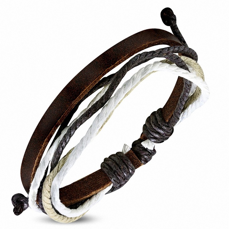 Bracelet ajustable en cuir marron avec cordon multicolore à la mode - FBK777