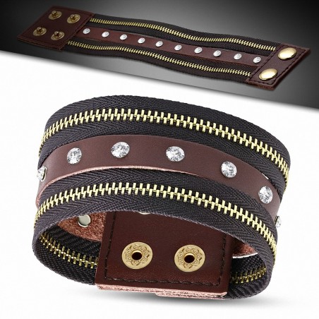 Bracelet à la mode en cuir marron avec fermeture à glissière à double zip avec cZ transparent