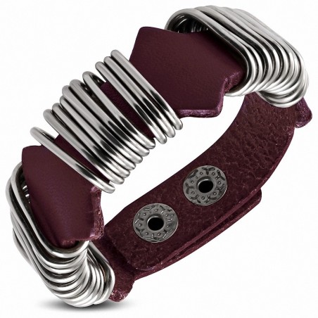 Bracelet pression en cuir marron annelé avec boucle