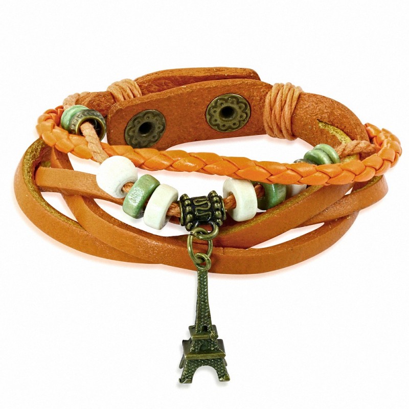 Bracelet multi-rangs avec boucle en bois de Bali en perles de bois et tour Eiffel Bracelet en cuir orange