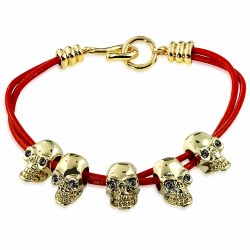 Bracelet à bascule en cuir rouge tressé en alliage de mode avec plaquettes de crâne plaquées en couleur d'or noir avec CZ