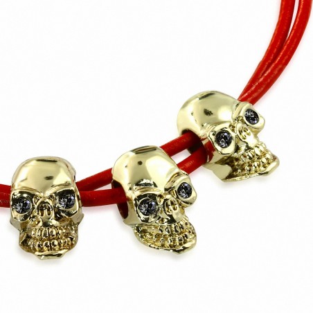 Bracelet à bascule en cuir rouge tressé en alliage de mode avec plaquettes de crâne plaquées en couleur d'or noir avec CZ