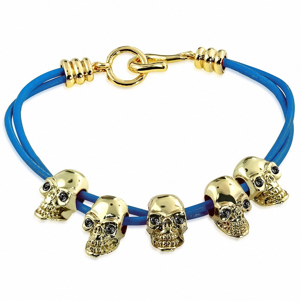 Bracelet à bascule en cuir bleu avec crâne en alliage doré à la mode en alliage doré - Noir CZ