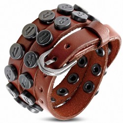 Bracelet en cuir véritable marron rond avec clous et boucle de ceinture