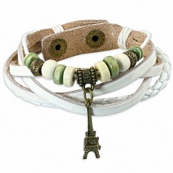 Bracelet multi-rangs en Bali avec perle en bois et tour Eiffel à breloques en cuir blanc